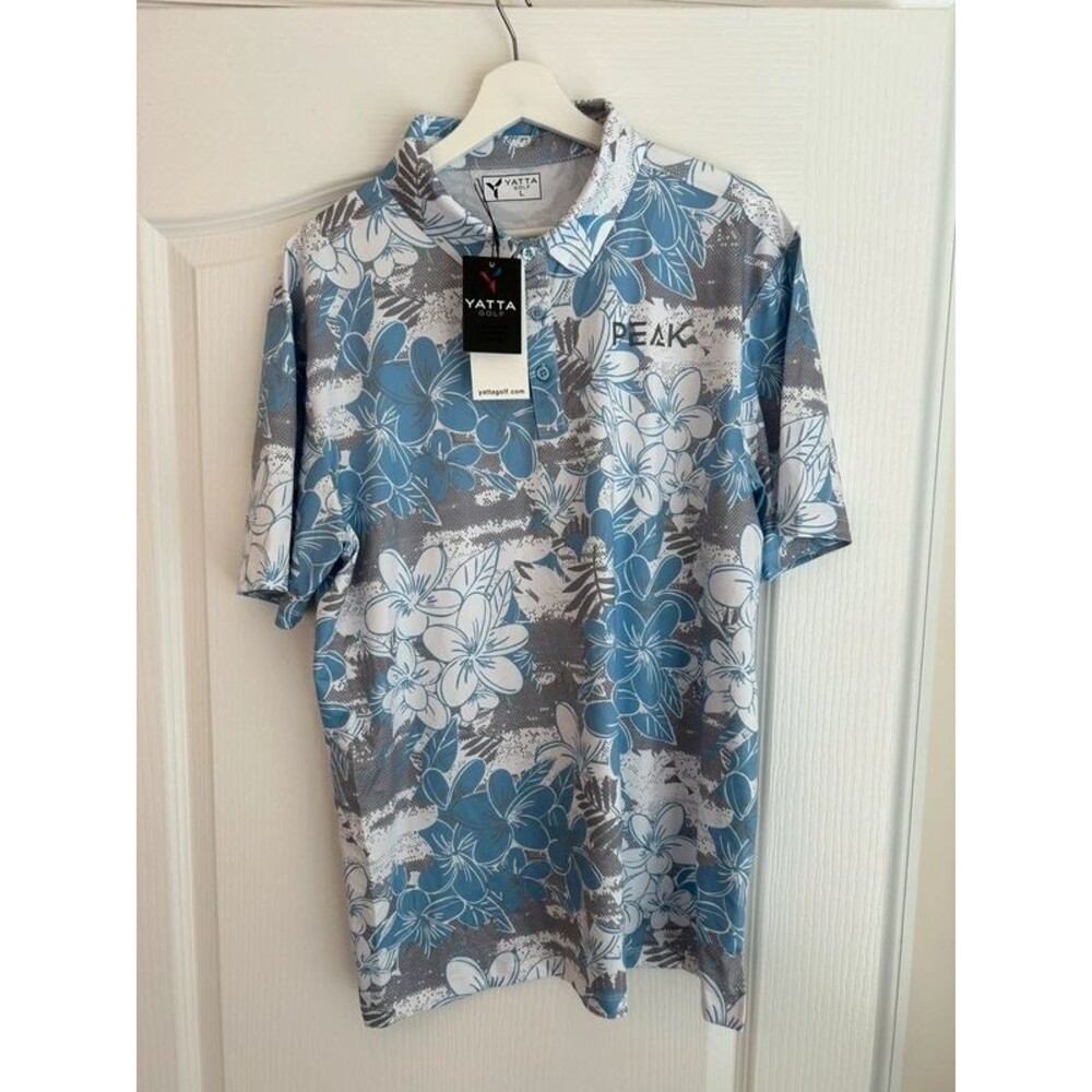 NWT Men Yatta Golf L Polo Floral Tropical Mist Performance Stretch Dad Grandpa